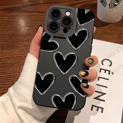 Luksusowe Czarne Etui Silikonowe w Kształcie Serca Miłości na Telefon Dla iPhone 15 14 13 12 11 Pro Max Mini XR X XS Max 7 8 Plus Odporne na Wstrząsy