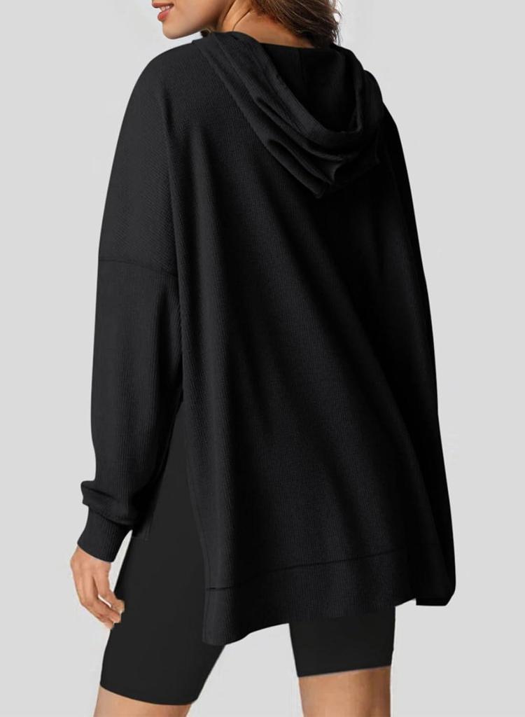 2024 Women's Hooded Waffle Knit Pullover Sweatshirt with Pocket, Long Sleeve, Autumn/Winter