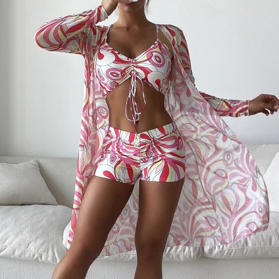 3 Pcs/Set Bikini Cover Up Set Long Sleeves Contrast Color Cover Up Spaghetti Strap