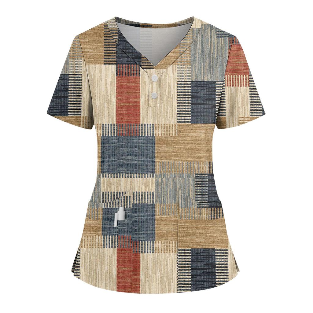 Women's Loose Short Sleeved Fashionable Square Printing V-neck Buttonable Side Slit Top T-shirt