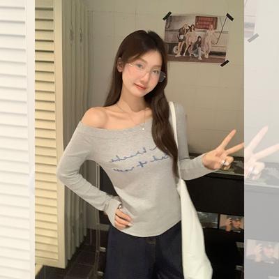 Korean Version of Simple Design, One-word Off-the-shoulder Printed Long-sleeved T-shirt, Autumn New Slim-fitting and Thin Top for Women