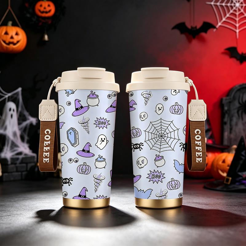 532ml Coffee Cup Halloween Ghost Hat Pumpkin Skull Web Cauldron MotifFlip Lid Coffee Cup Car Portable Cup Outdoor Water Cup