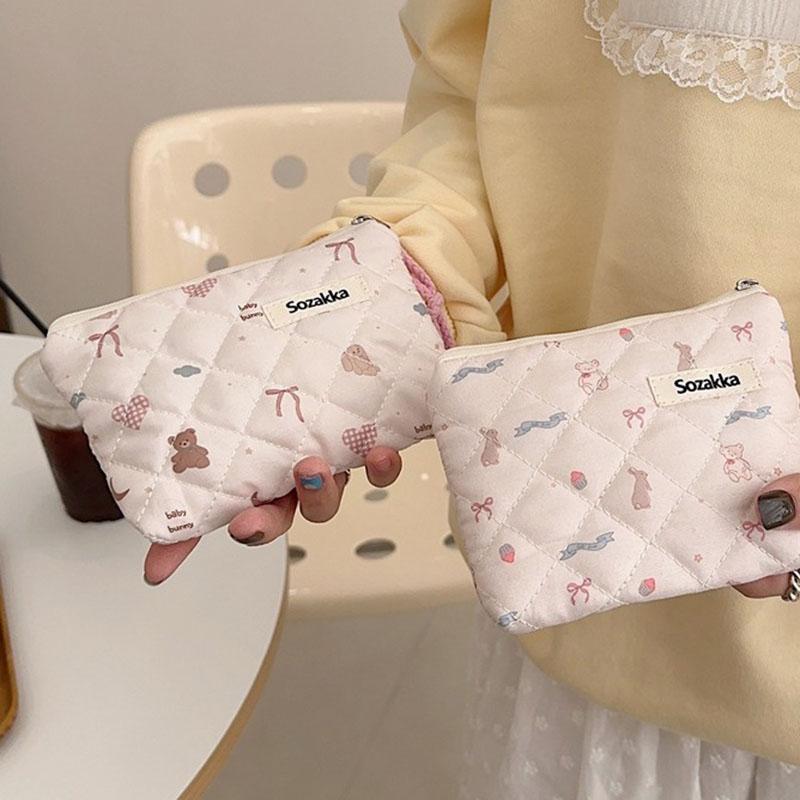 Cartoon Flower Square Cosmetic Bag Women Portable Earphones Lipstick Sanitary Napkins Storage Pouch Small Makeup Zipper Bags