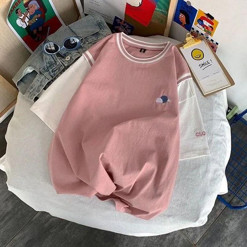 Tops Frauen Baumwolle Sommer Rundhals T-shirt kurzarm Lose Gedruckt Gefälschte Zwei Lose Bequeme Tops