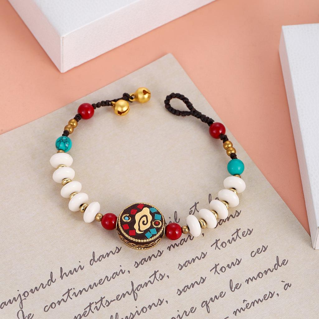 Ethnic Nature Stone Nepal Copper Beads Bracelet Women Men Vintage Tibetan Buddhist Mantra Hand Prayer Wheel Bracelets Zircon
