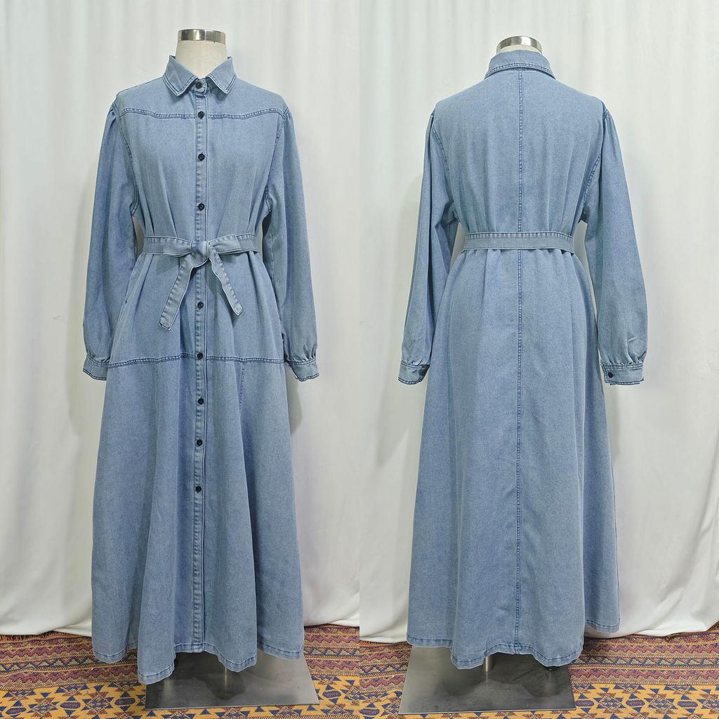 Turkish Women's Denim Dress: Casual Loose Fit Lantern Sleeve Patchwork
