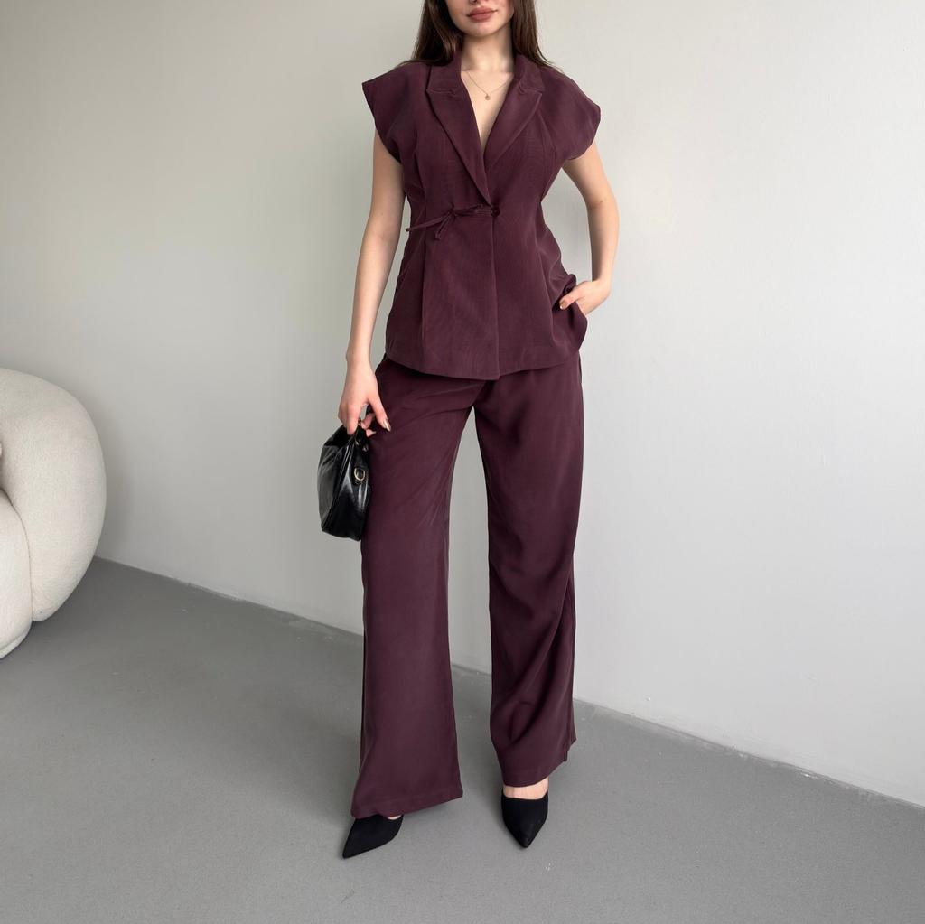 European and American women's clothing new V-neck drawstring waist slim top high waist wide leg pants commuter suit