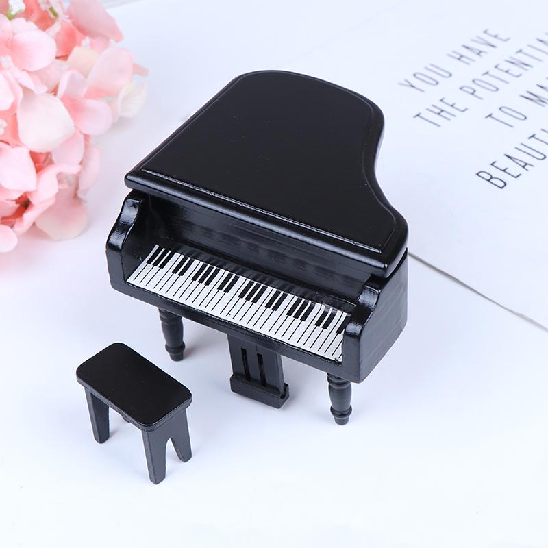 1:12 Dollhouse Miniature Black Wooden Grand Piano With Stool Model Play Toys