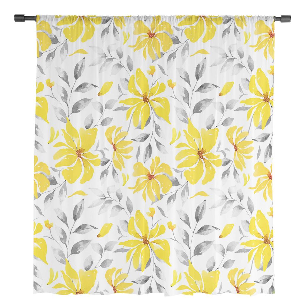 Watercolor Yellow Flowers Abstract Sheer Voile Window Curtains Tulle Curtains Living Room Balcony Decoration Drapes