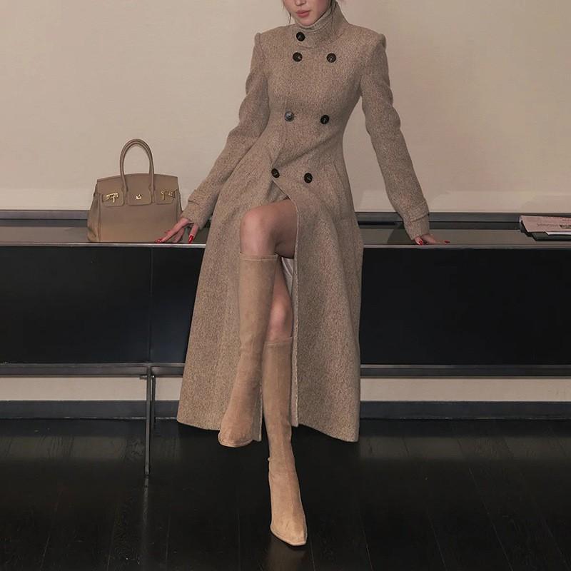 Vintage Elegant Stand Collar Long Wool Blend Coat Women Slim Fit Casual Overcoat