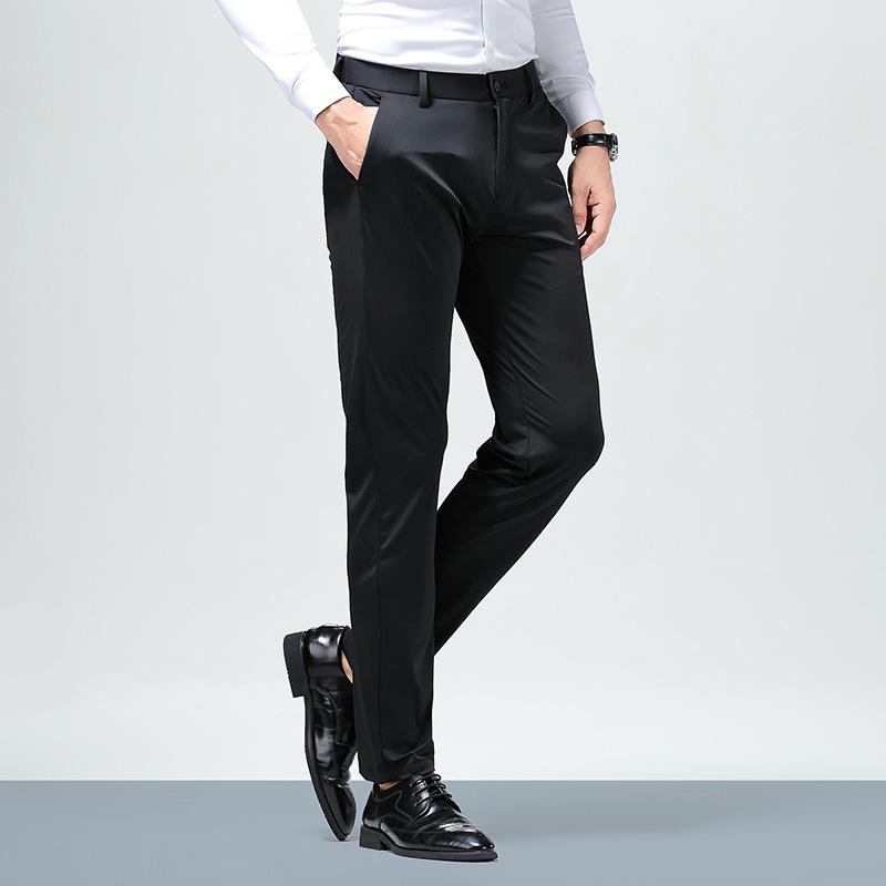 Men's Summer Casual Ice Silk Pants - Lightweight, Straight-Leg, High Elasticity Suit Trousers for Young and Middle-Aged