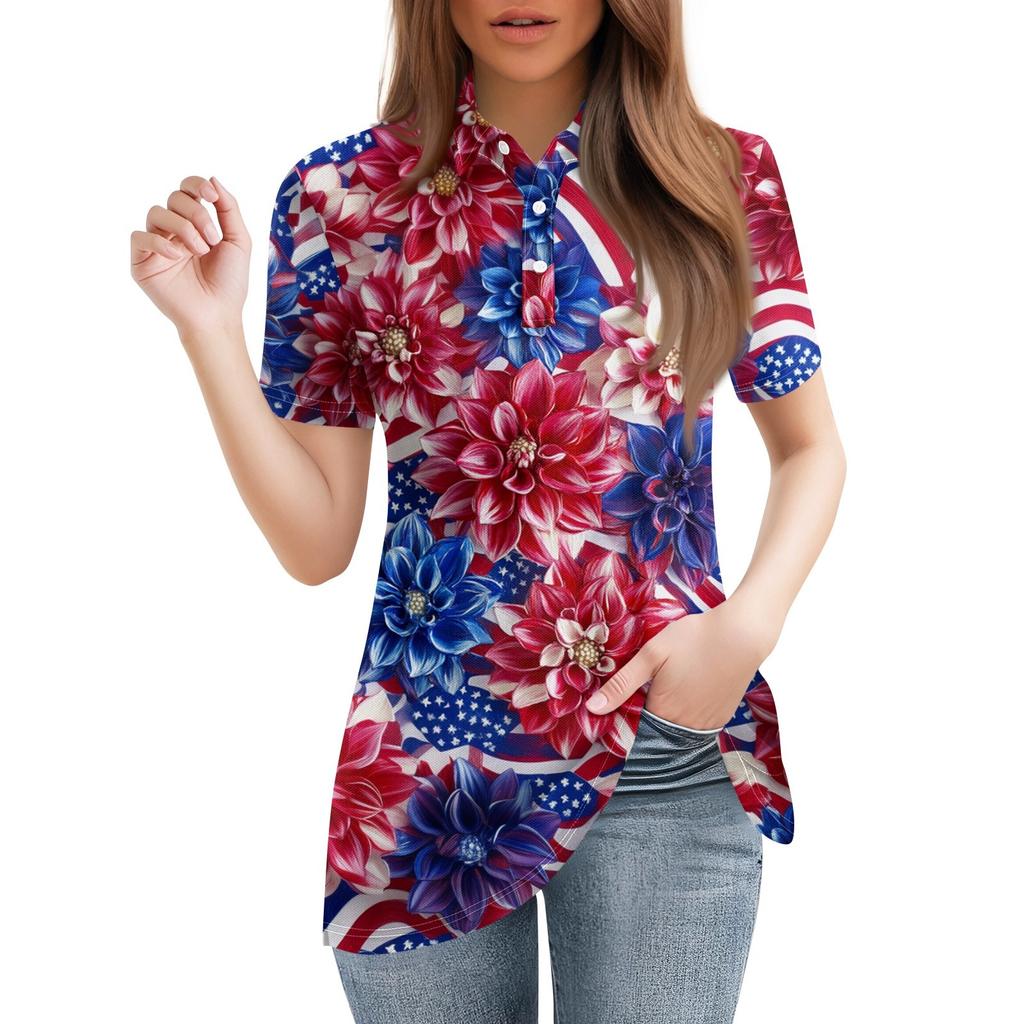 Women's Fashion Casual Lapel Short Sleeve Print Shirt Women's Button Up Tops