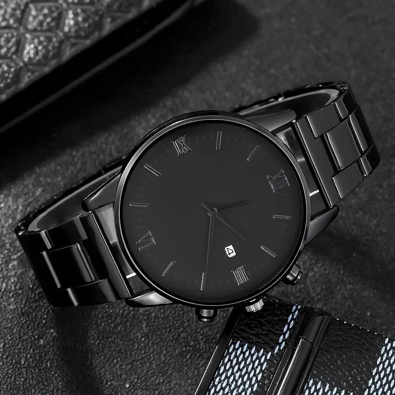 Fashion Men Business Watches Black Steel Band Roma Dial Calendar Quartz Watch Wristwatches Male Clock Best Gifts Clock for Family, Friend