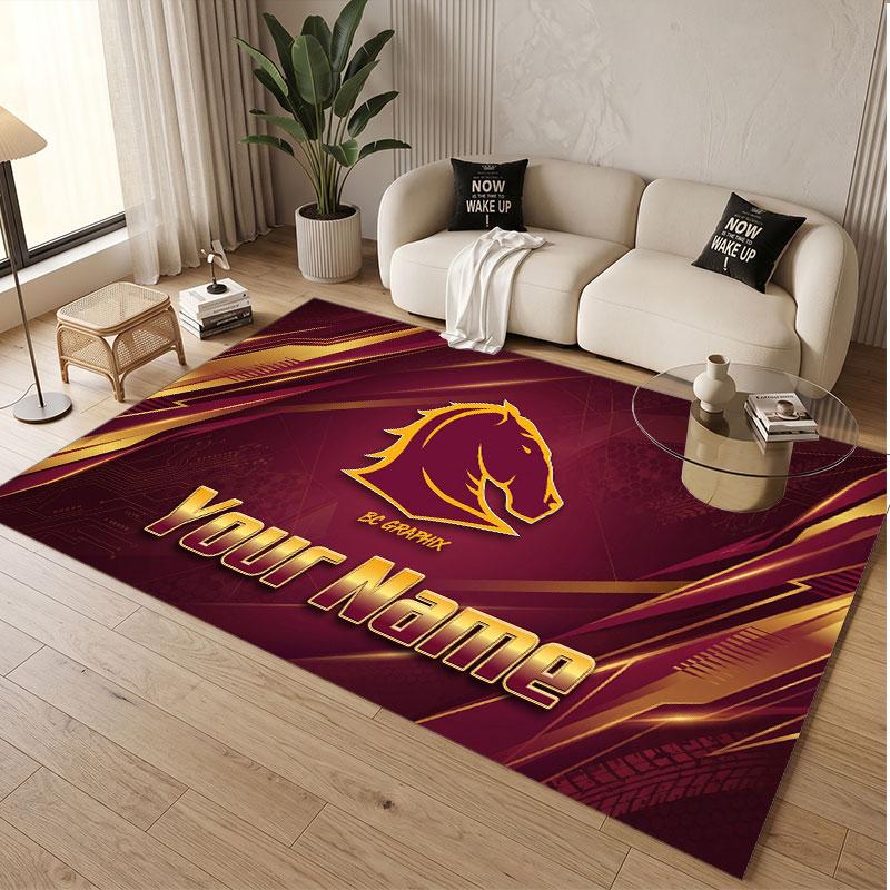 Benutzerdefinierter Teppich Brisbane Broncos Muster Druck Name Text Weicher Rutschfester Boden Teppich für Zuhause Innen Dekoration