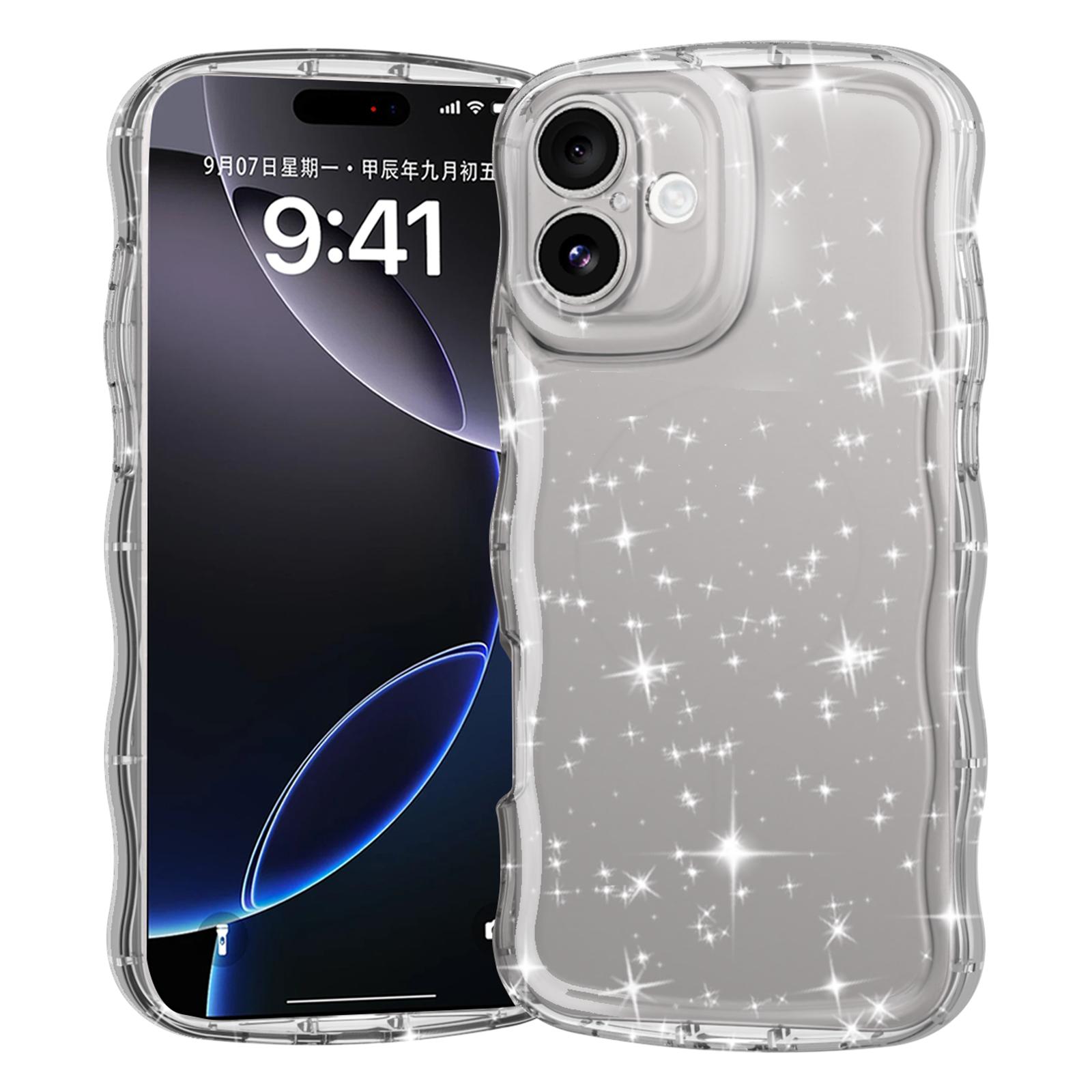 

GW35 For iPhone 16 Plus Case Wavy Edge Transparent Glitter TPU Anti Drop Phone Cover A