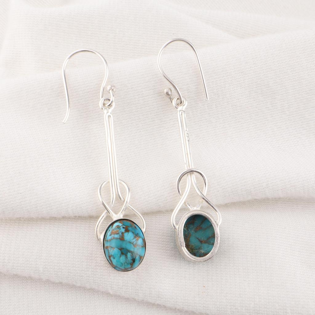 Blue Copper Turquoise Handmade Gemstone Earrings, 925 Solid Sterling Silver Earrings Dainty Silver Jewelry, For Engagement Gift