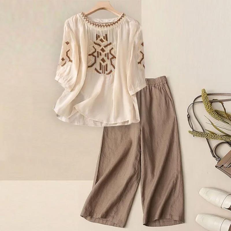 Women Suit 2PC Set Cotton T-shirt and Pants Cotton Oversize Loose Casual Summer Suit Two Pieces Top Pants