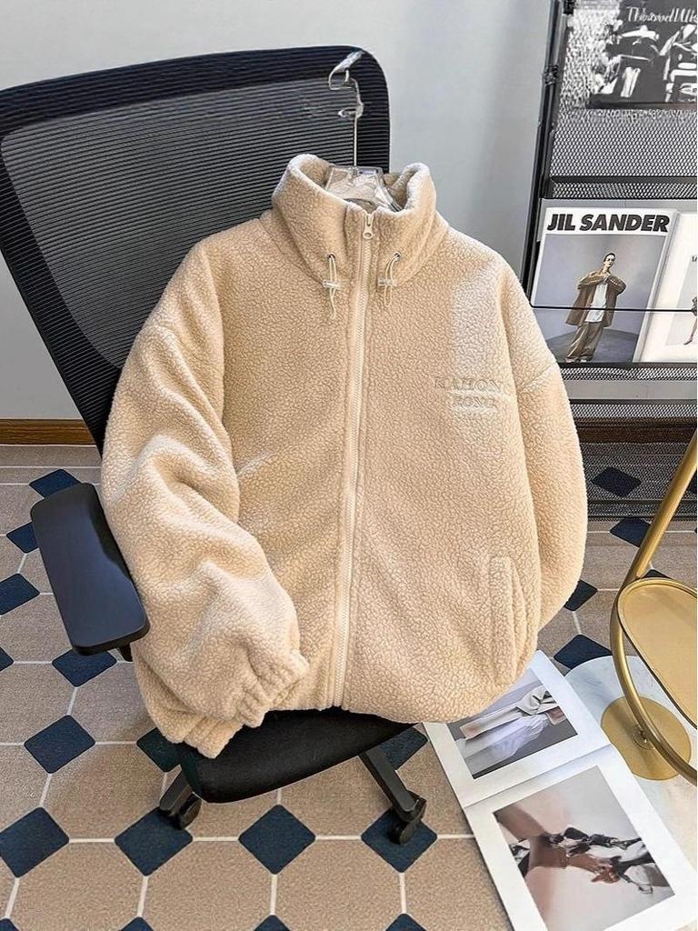 Herren Trendy Fleece Stehkragen Jacke - Winter Lammwolle, Dick, Warm, Lässiger Baumwollmantel