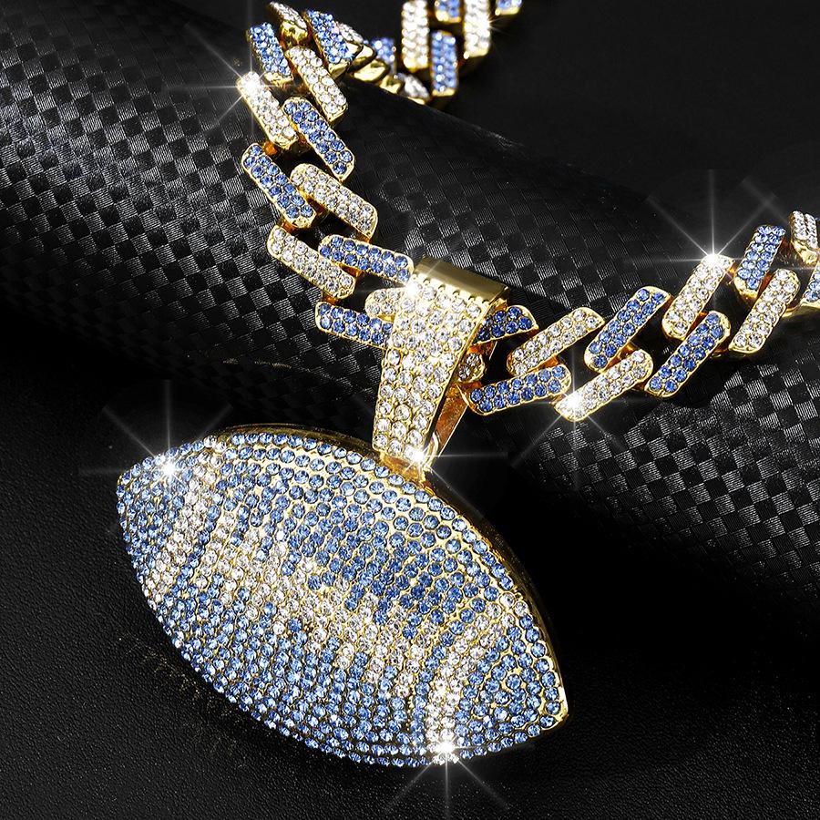 TEMU Hot Selling Full Diamond Colored Rugby Alloy Pendant, European and American Hip-hop Colored Cuban Chain Men's Necklace