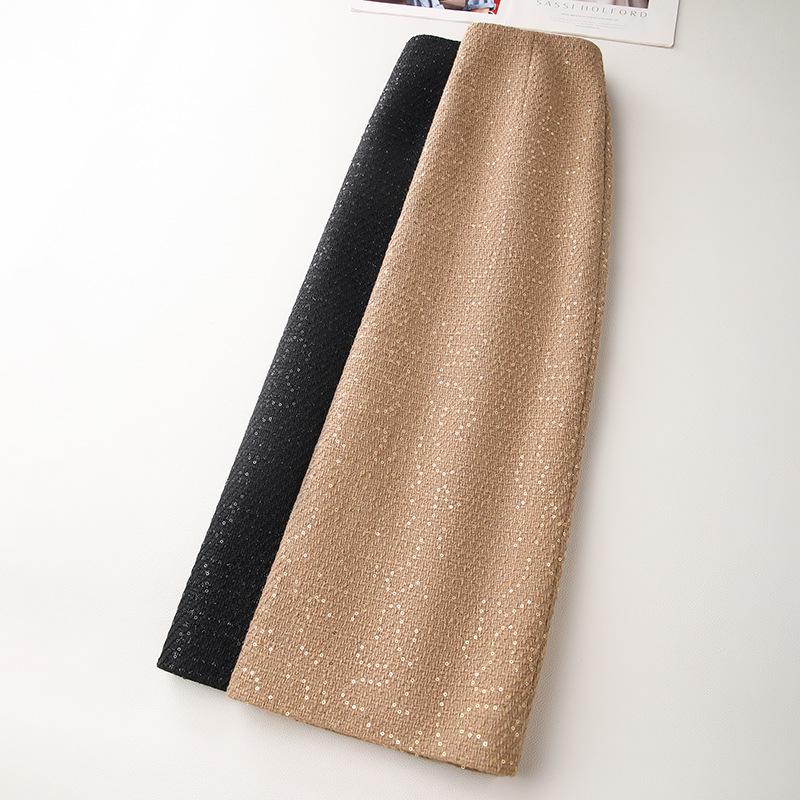 2024 Women's Yellow Sequined Tweed Midi Skirt – Autumn/Winter Straight Bodycon
