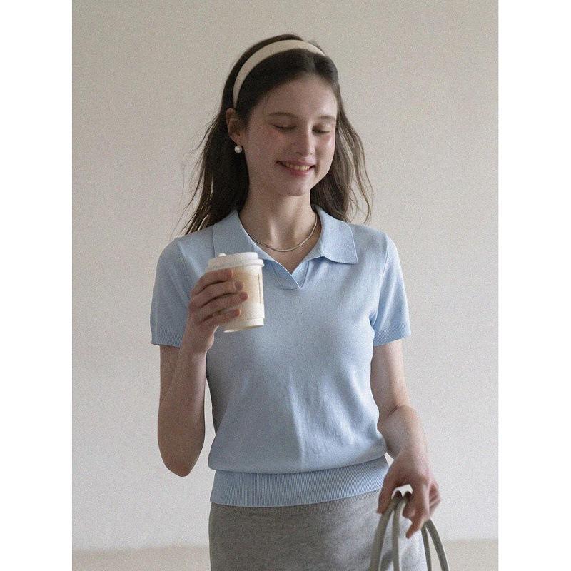 [Qiao Mi] Korean Shoulder Polo Shirt Women's Ice Silk Knitted Short-sleeved T-shirt Summer Small Lapel Top