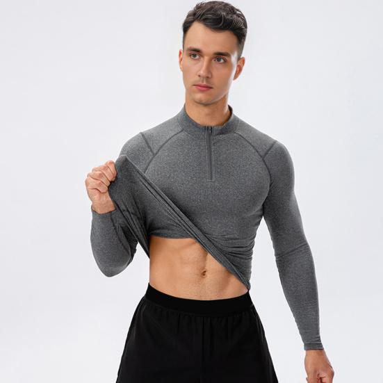 Autumn Winter Men Thermal Top Plush Lining Zipper Stand-up Collar Long Sleeve Shirt Slim Fit Stretch Casual Solid Color Cold Weather Warm Base