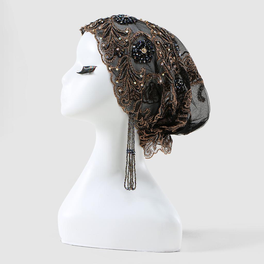 Chapéus de Renda Muçulmana Pérolas Bonés Tecido de Malha Tubo de Contas Combinado Com um Chapéu Bordado com Fio de Diamante Acrílico Para Mulheres Árabes de Dubai