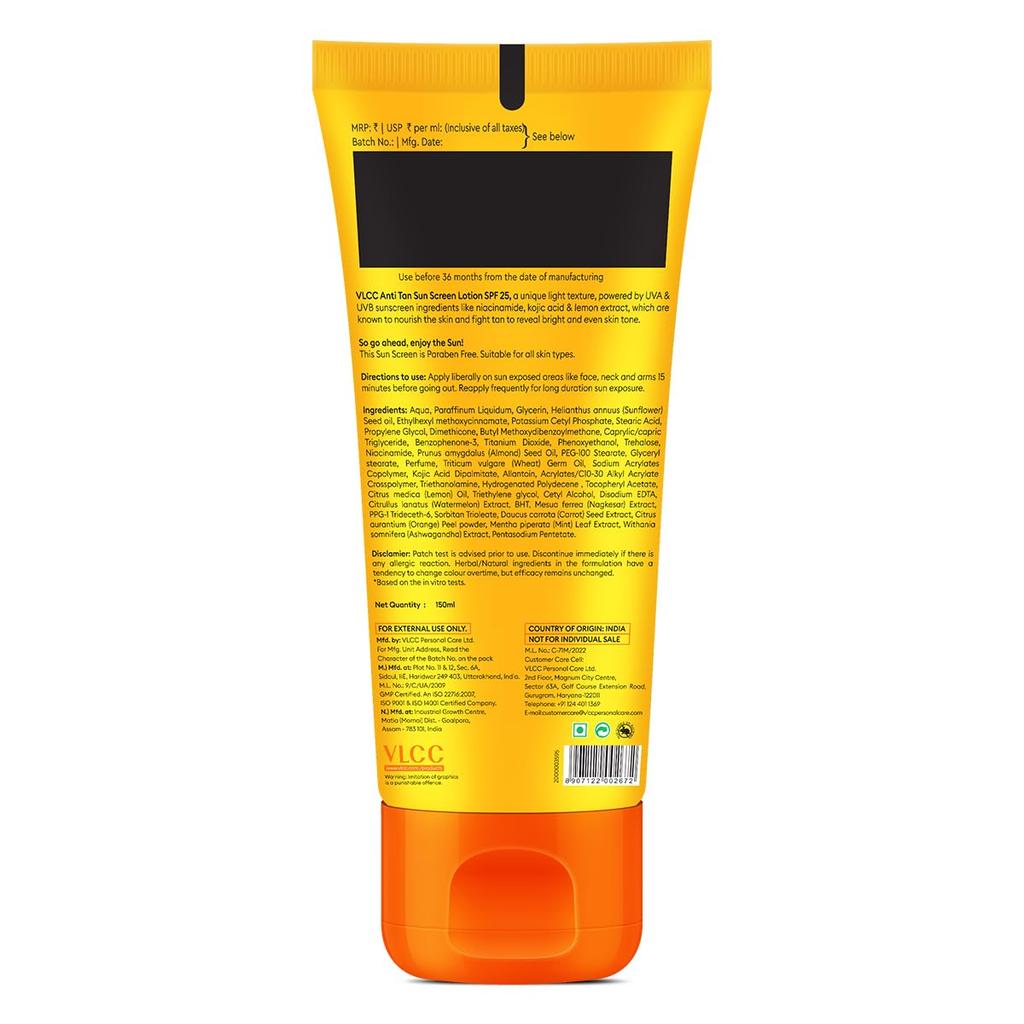 VLCC Anti Tan Sunscreen Lotion SPF 25 For Daily Sun Protection Hydrating Lightweight Formula 150 Ml Pack Of 2 Set