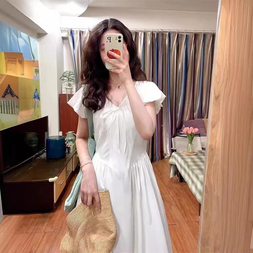V-neck Bubble Sleeve Mori White Dress Women's Spring and Summer Versatile New Temperament Fairy Skirt Waist Long Skirt Skirt