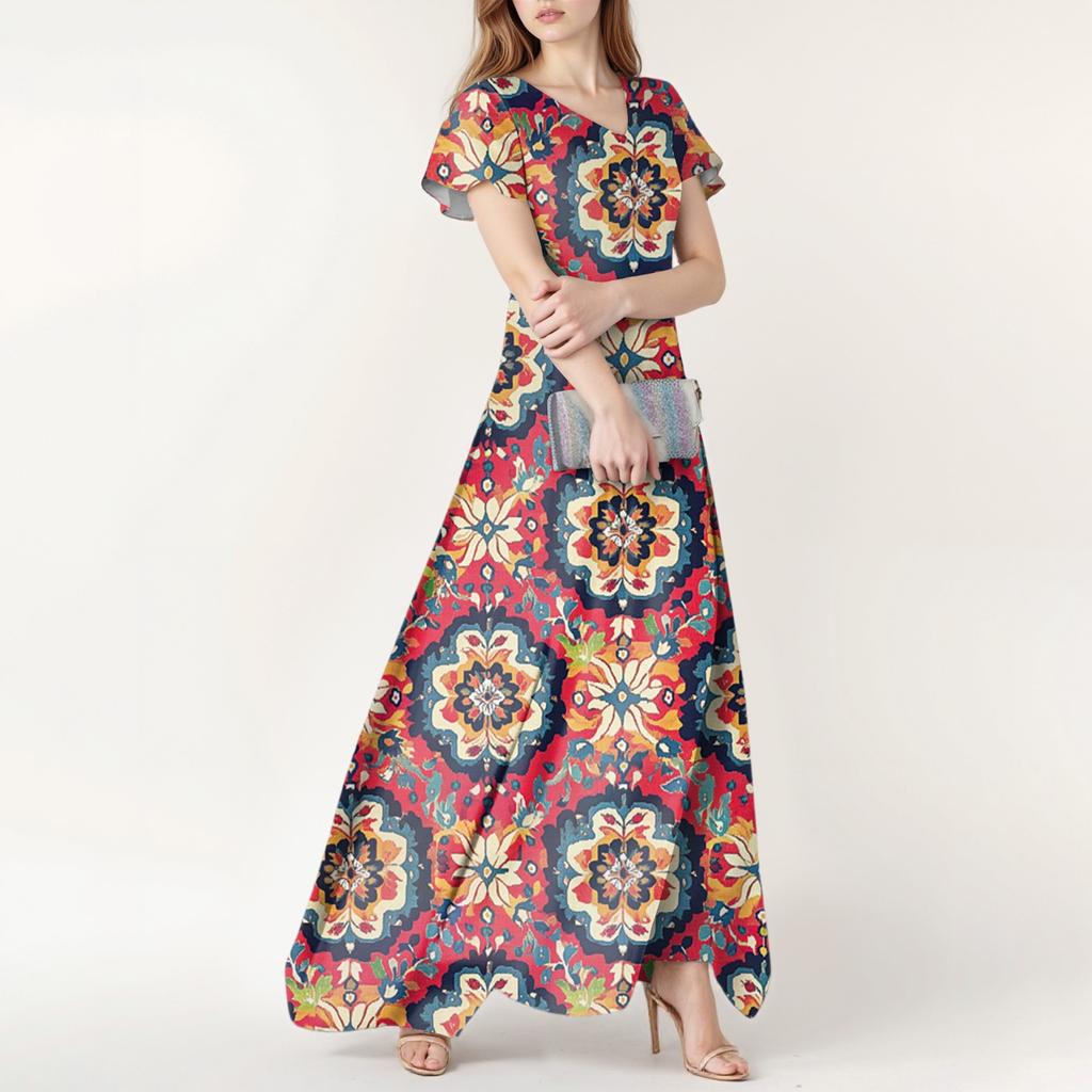 Women's Summer Casual Fashion Bohemian Printed Dress V Neck Short Sleeve Dress