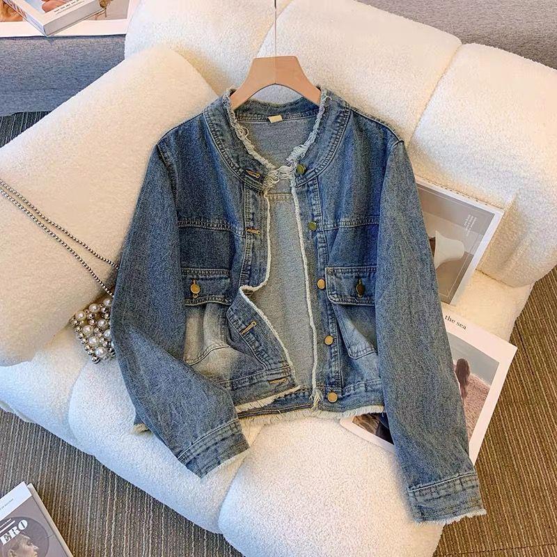 Washed Retro Denim Cropped Jacket with Raw Hem - Petite Loose Fit for Spring & Autumn 2026