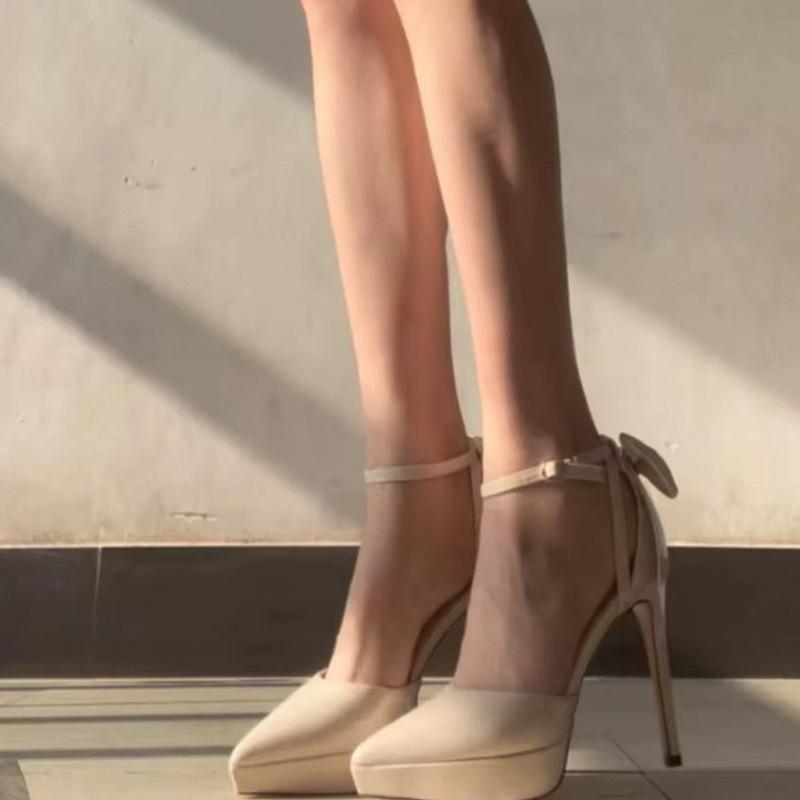 12Cm thin heel waterproof table one-word buckle with fashion adult gift high heels bow high heels pointed sandals women