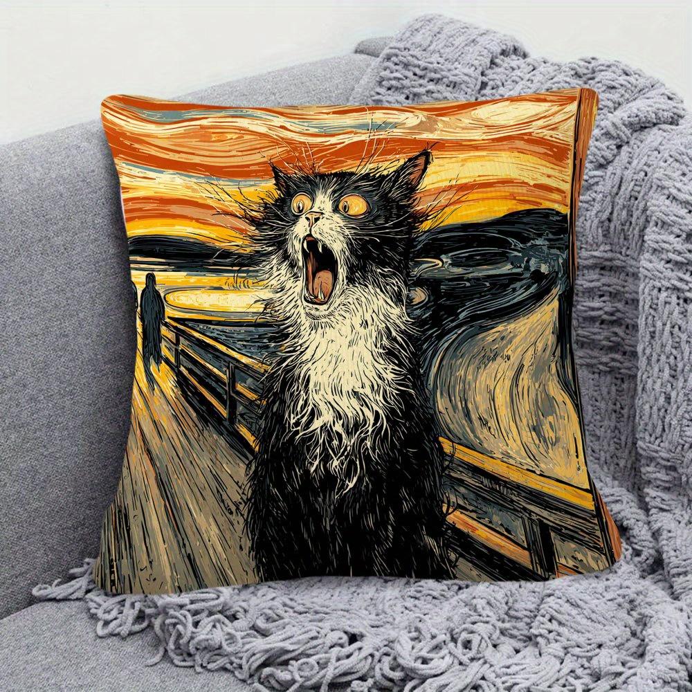 Schreiende Katze Kunst Kissenbezug Lustiger Edvard Munch Inspiriertes Parodie Druck Niedliche Kätzchen Kissenhülle Für Sofa Bett Couch Heimdekoration