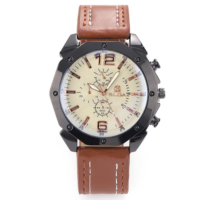 Men's Korean Style Casual Leather Strap Quartz Watch with Big Dial and Unique Design