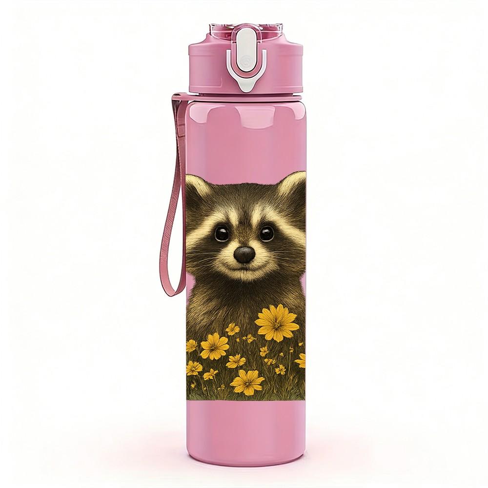 1PC Floral Sunflower Raccoon 750ml Color Plastic Sports Water Bottle Leakproof Flip Straw Lid Suitable for Sports Office Home Use