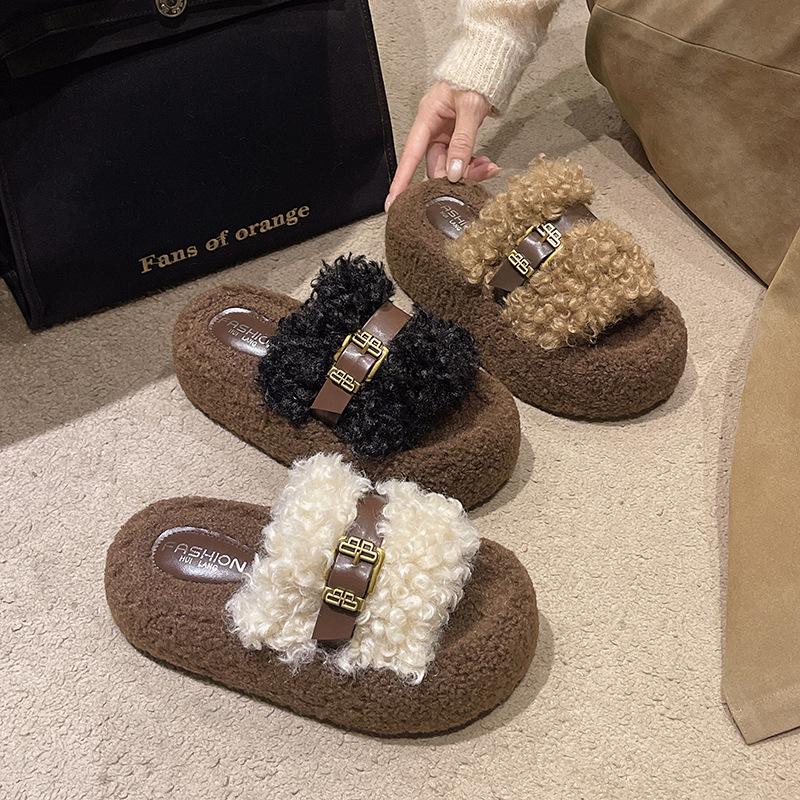 Internet Celebrity High-end Fluffy Slippers Women's Outer Wear 2025 New Popular Autumn and Winter Thick Bottom Heightening Lamb Plush Cotton Mop