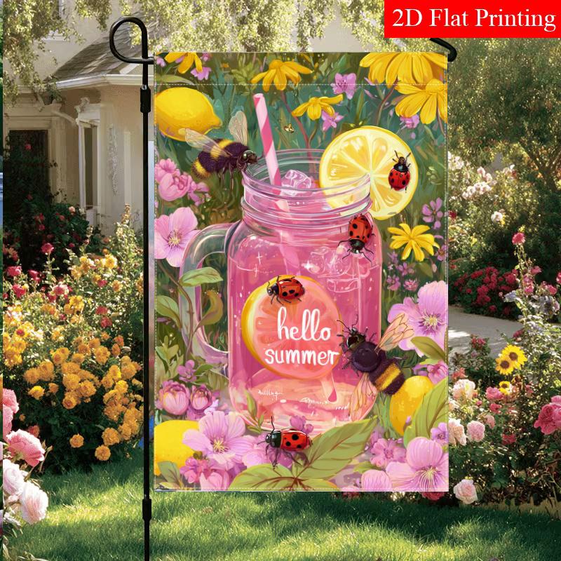2D Flat, 2D Printing,1pc Summer Ice Drink Fruit Seven Star Ladybug FlagDouble-Sided Garden Flag Courtyard Decoration, Outdoor Decoration, Lawn Decorat