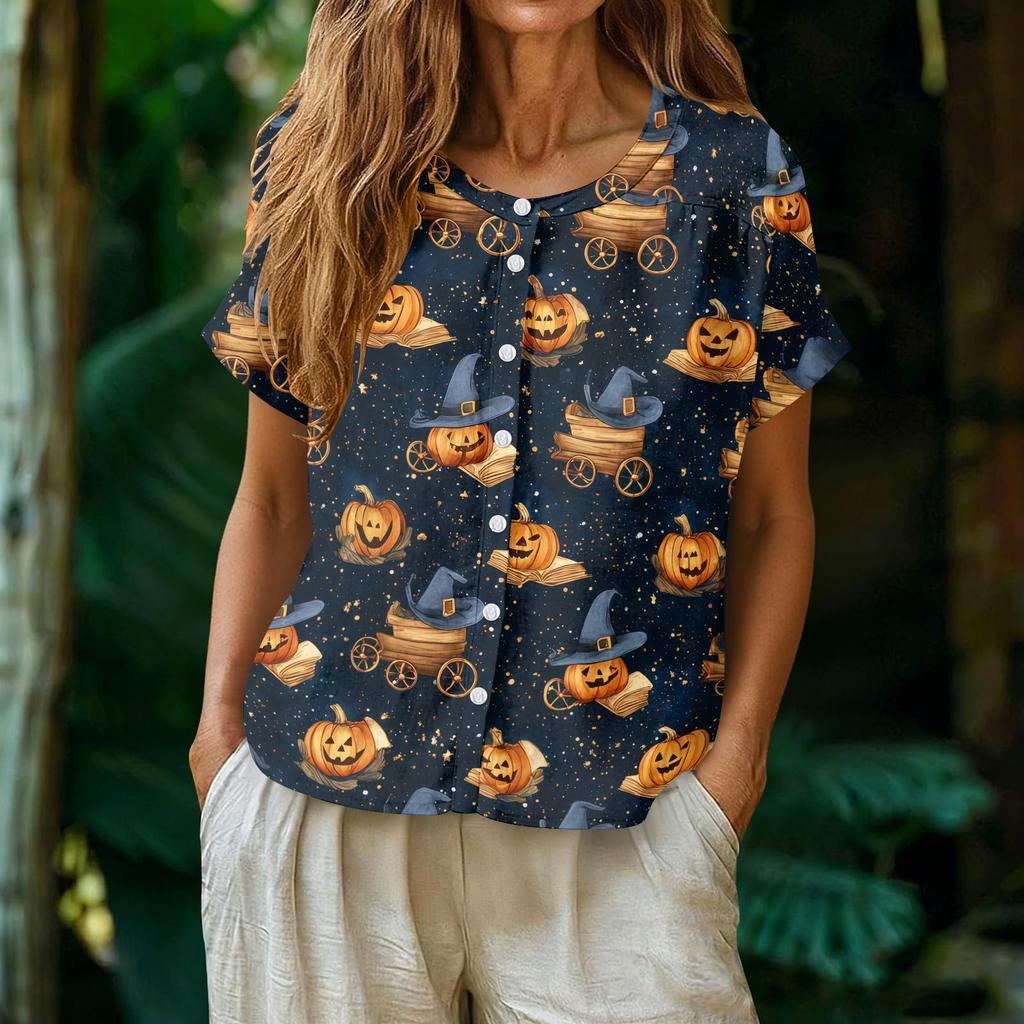 Women's Fashion Henley Neck Single Breasted Shirt Halloween Themed Print Short Sleeve Casual Top for Daily Wear