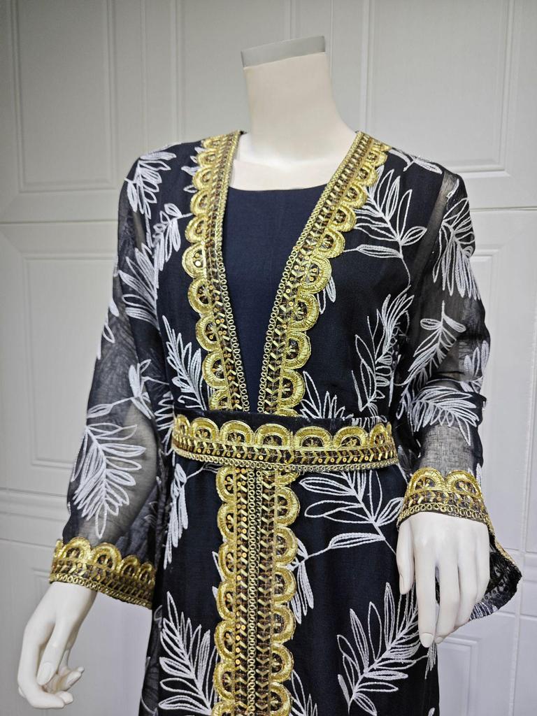 AB363 Dubai Eid al-Adha Mesh Embroidery Patchwork Muslim Two-Piece Set