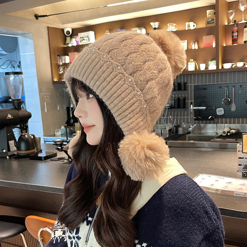 

Женская зимняя шерстяная шапка, теплая шапка из кроличьей шерсти, защитная шапка для ушей, симпатичная шерстяная шапка-пуловер, шапки-бини для женщин One size верблюд