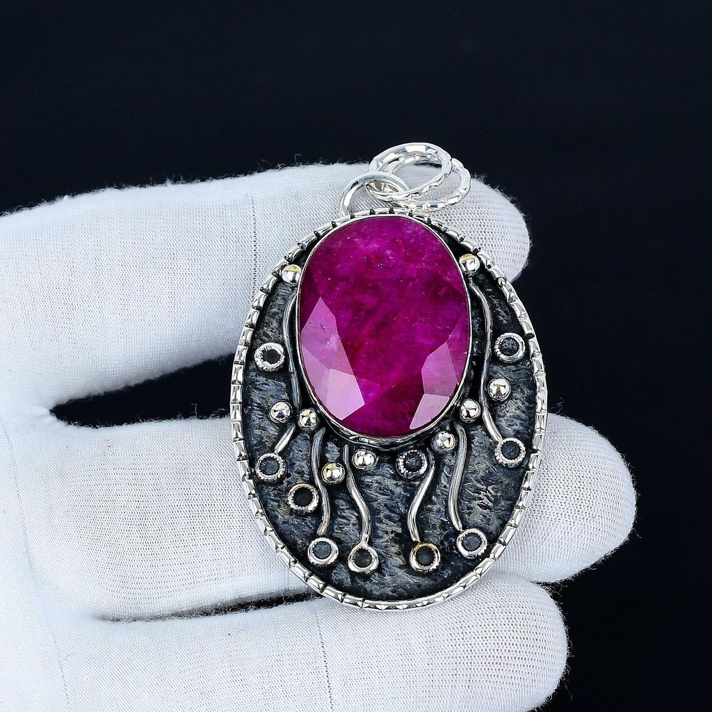 Kashmir Ruby Pendant, 925 Sterling Silver Handmade Jewelry, Ruby Silver Pendant, Party Wear Jewelry For Women's, Pendant New Year Gift