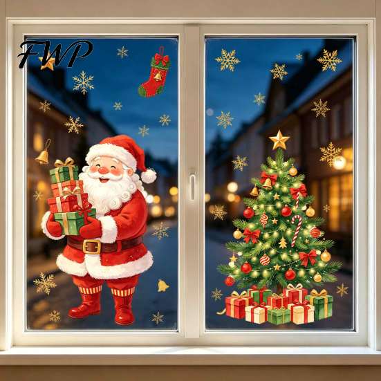 Seasonal Storefront Displays Christmas Window Clings, Cute Santa Claus Snowman Xmas Tree Stickers, Holiday Layouts Winter PVC Static Glass Decal