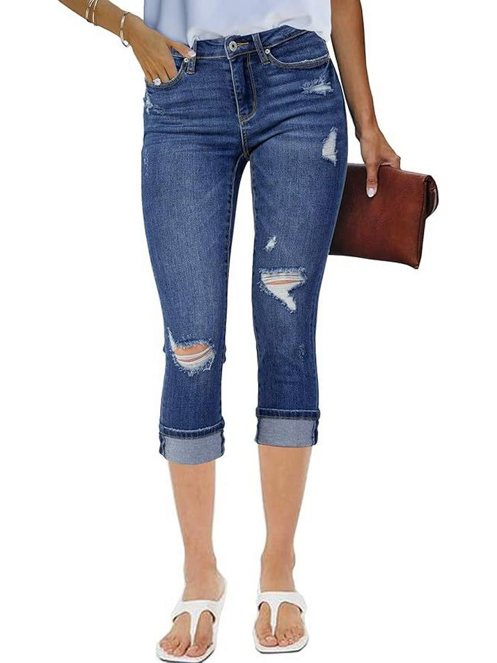 

European-American Style Deep Blue Mid-Waist Ripped Denim Capri Pants - Cotton, Spring/Autumn S глибокий/синій