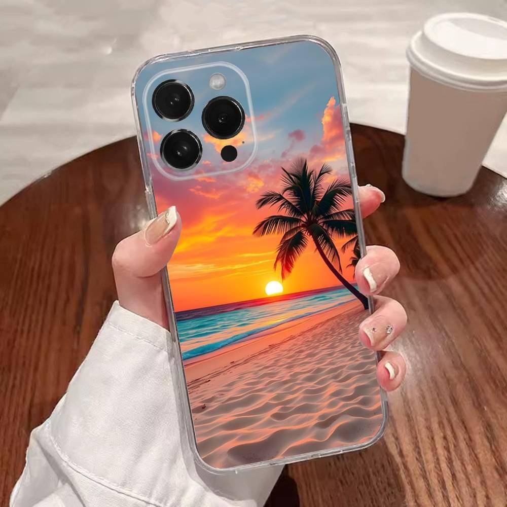 Sea Tropical Palm Trees Beach Phone Case For iPhone 17,16,15,14,13,12,11 Plus,Pro,Max,XR,XS,Plus,E,SE4,Mini Transparent Cover