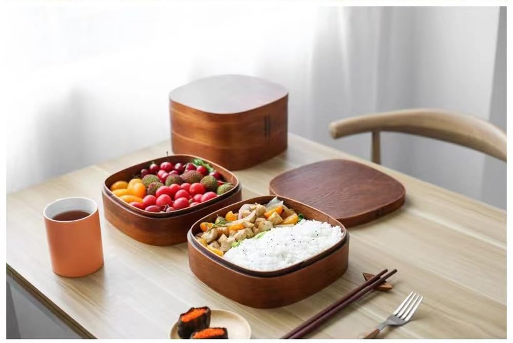 KXLCGYK Bentwood Bento Box, 2-Tier, Large Capacity, 2800ml, with Cross Dividers, Japanese-Style Wappa Lunch Box, Natural Lacquer Finish, Removable