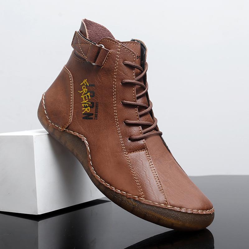 Men Handmade Leather Shoes Casual Hiking Boots Outdoor Black High Top Wide Palm Driving Shoes Large Size