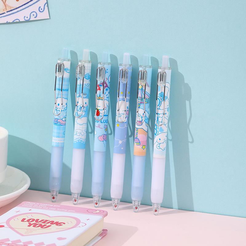 12Pcs Cinnamoroll Sanrio Neutral Pen Cartoon Gel Pen Stationery 0.5mm Black with Metal Hook Office Write Signature Pen