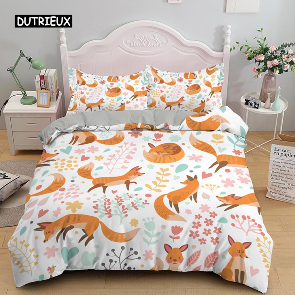 Cartoon Fuchs König Königin Bettbezug Lieblich Orange Tier Floral Bettwäsche Set Kinder Mädchen Blumen Pflanze 2/3tlg. Polyester Steppdeckenbezug