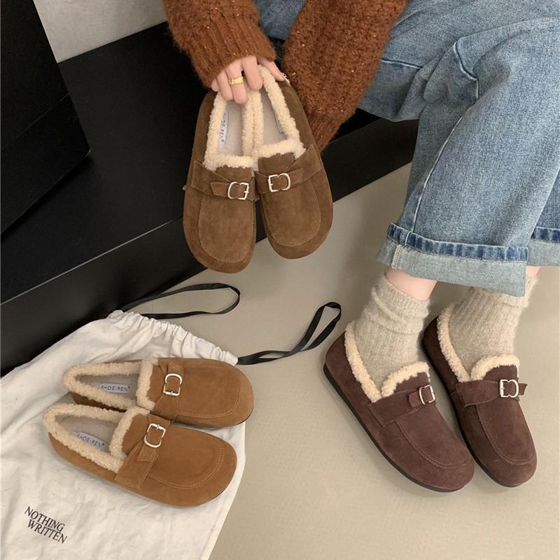 2025 Autumn and Winter New Matte Leather Round Head One Pedal Doudou Shoes Warm Fluffy Shoes Single Shoes Casual Shoes Women