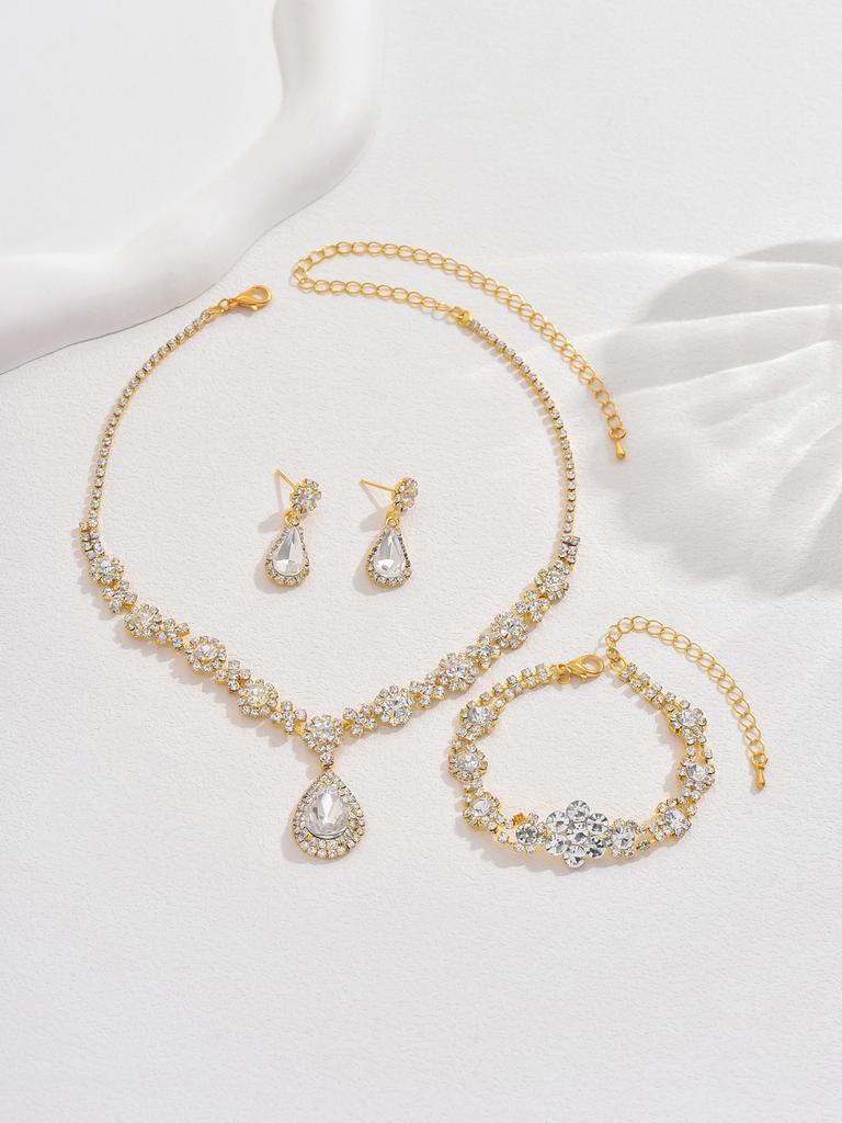Luxury Crystal Teardrop Jewelry Set for Women Necklace Earrings Bracelet Ring 4 Piece Elegant Fashion Gift